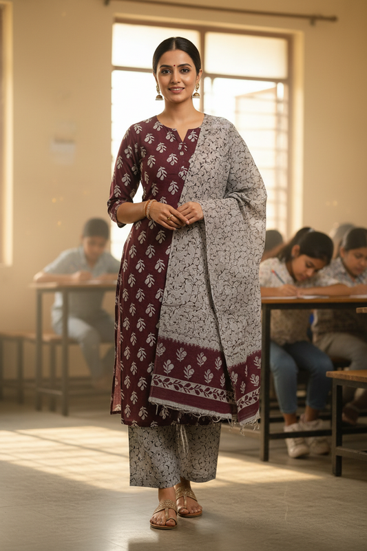 NAZAARA PLUM IVORY PURE COTTON SUIT