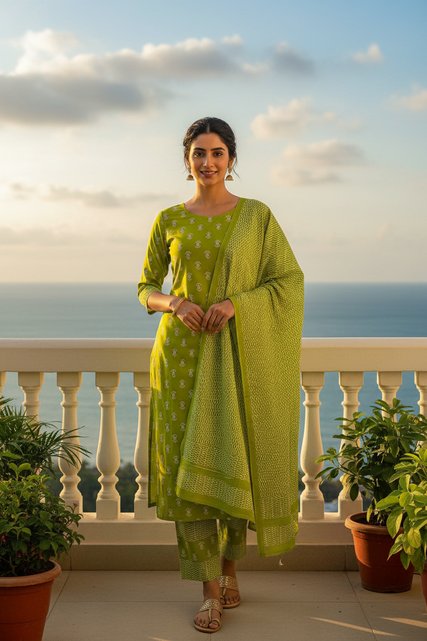 NAZAARA LIME MEADOW PURE COTTON SUIT