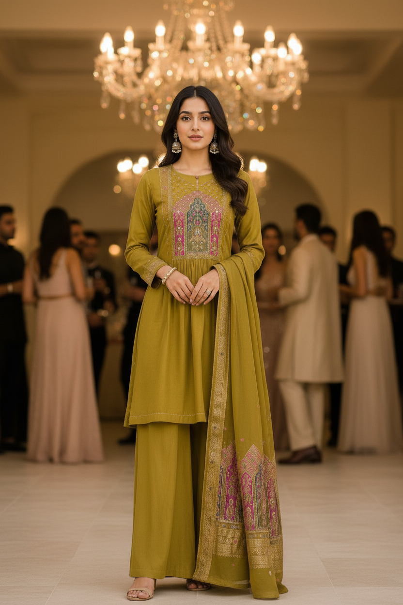 OLIVE GOLD JAMDHANI SUIT SET