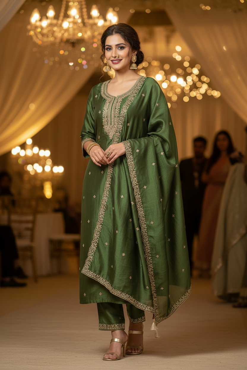 MEHENDI GREEN CHANDERI ZARI SUIT