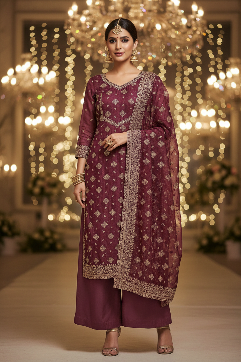 MULBERRY WINE ORGANZA FESTIVE SUIT