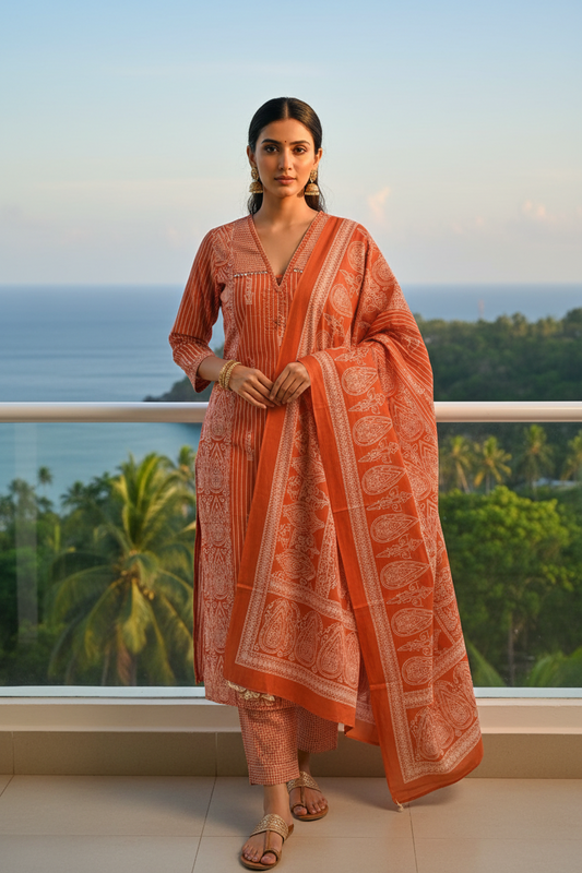 A woman stands on a balcony wearing a rust-orange printed cotton traditional outfit with matching pants and a draped scarf, with an ocean and palm tree view behind her.