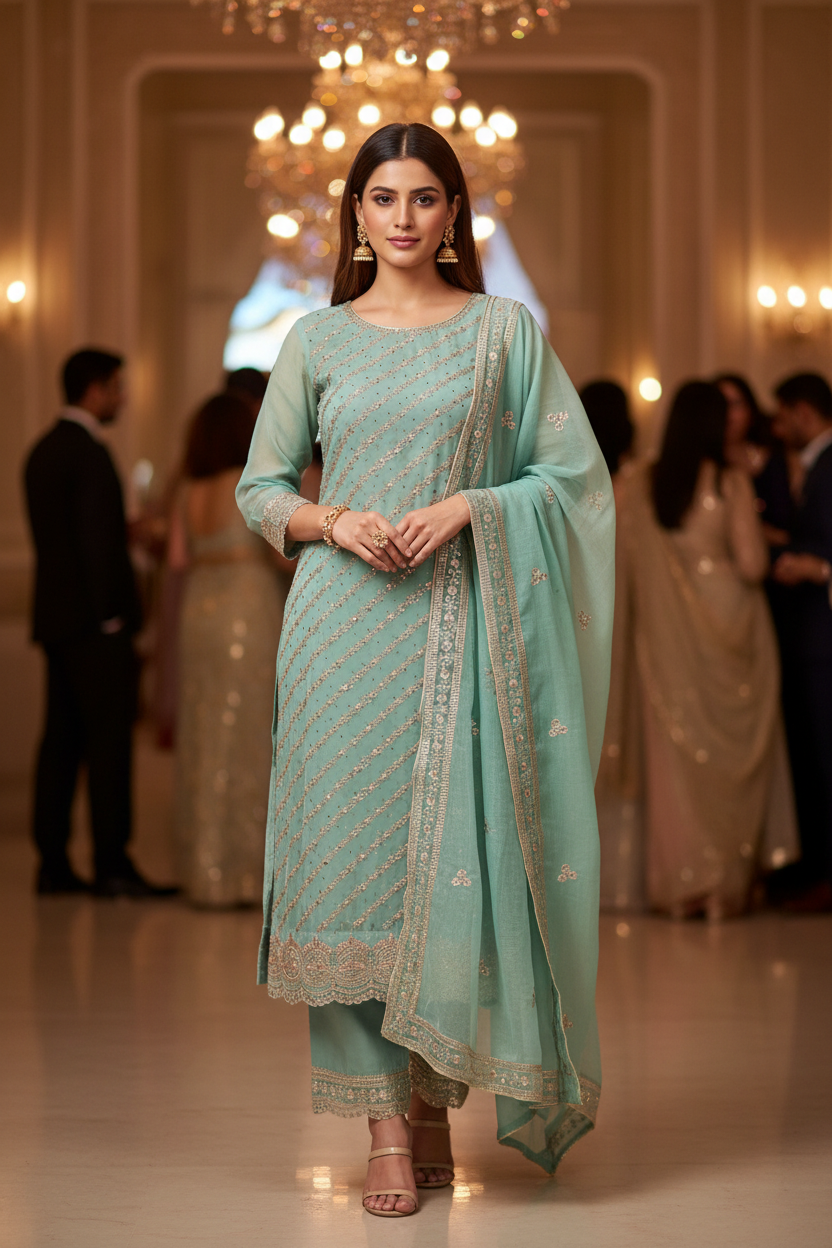 SEA GREEN GOLD EMBROIDERED SUIT