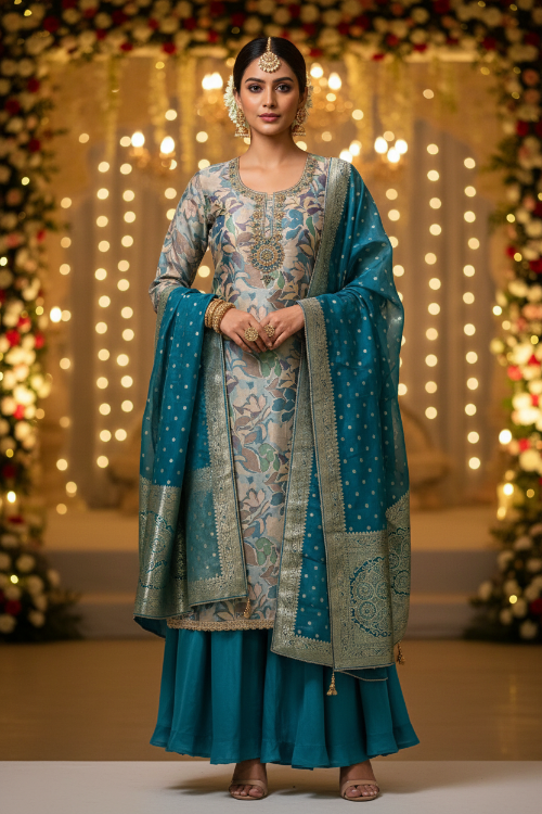A woman stands centered in a decorated event space wearing a traditional Indian salwar kameez outfit. The outfit has a light blue and teal base of shimmer organza fabric with intricate gold and silver floral embroidery, a teal dupatta with gold motifs, and a teal flared bottom.