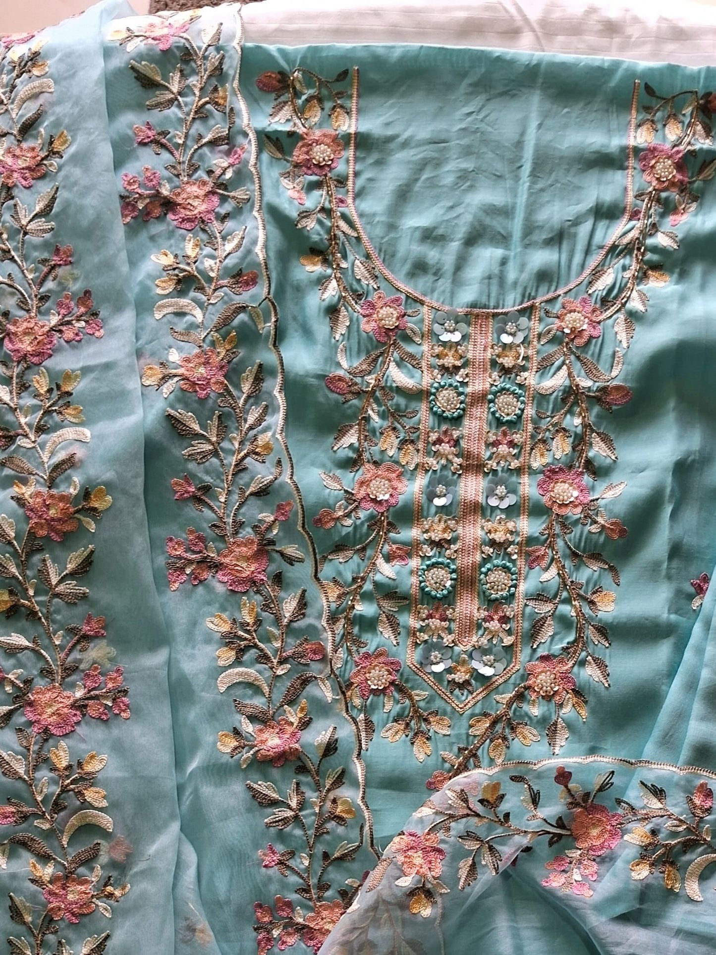 AQUA BLUE EMBROIDERED COTTON SUIT