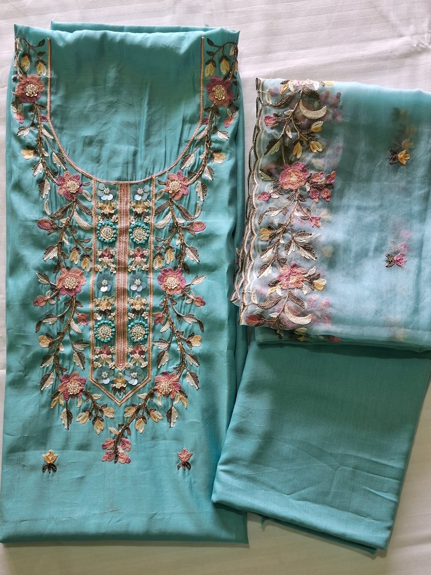 AQUA BLUE EMBROIDERED COTTON SUIT