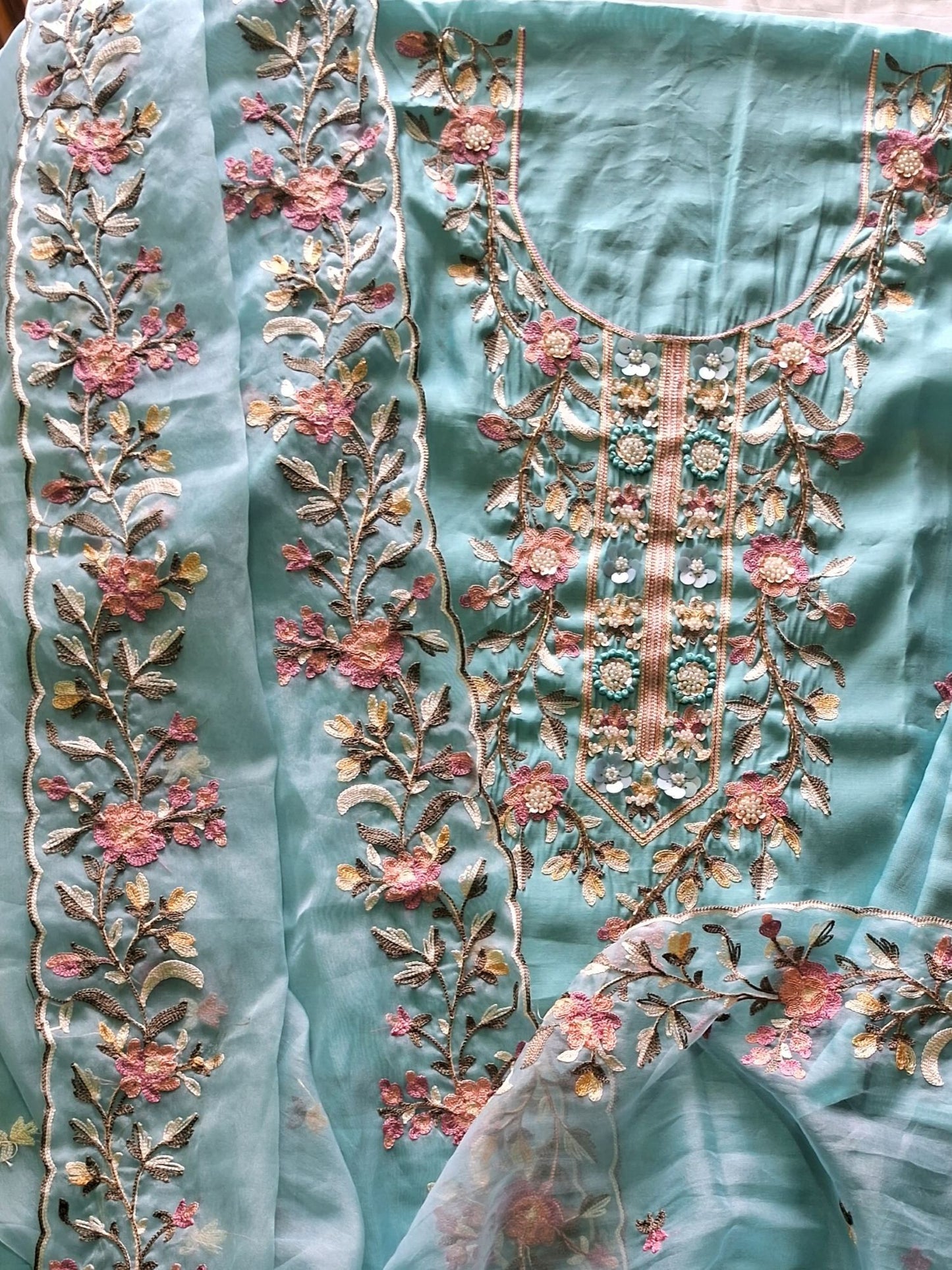 AQUA BLUE EMBROIDERED COTTON SUIT