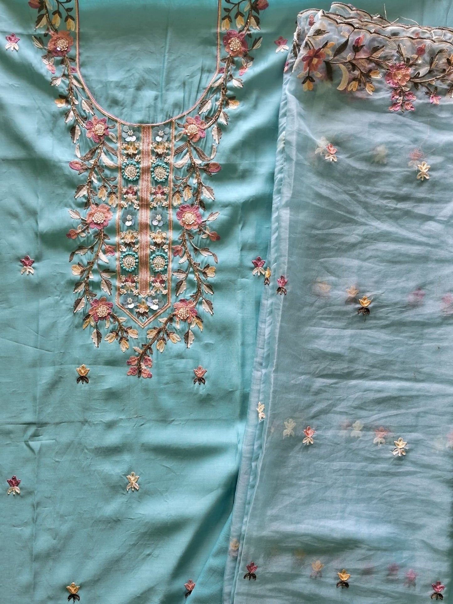 AQUA BLUE EMBROIDERED COTTON SUIT