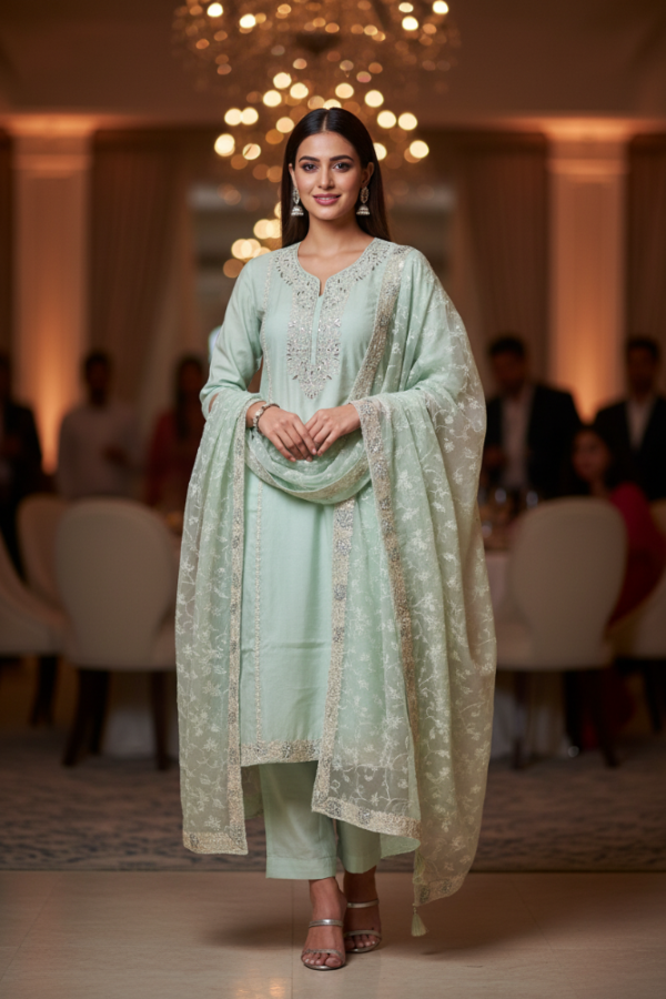 A woman stands in a formal event hall wearing a light powder blue traditional outfit of fabric mul chanderi with silver embroidery and a matching lucknowi chikankari dupatta draped over her shoulders.