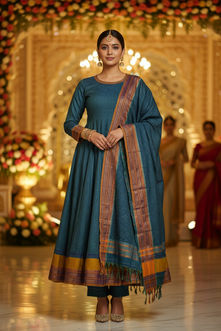 TEAL BLUE NARAYANPET HANDLOOM COTTON SUIT
