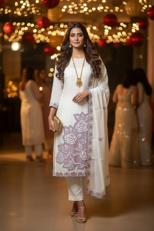 MAUVE & WHITE MUL CHANDERI SUIT