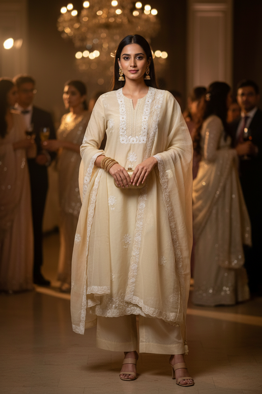 LEMON YELLOW FLORAL MUL CHANDERI SUIT