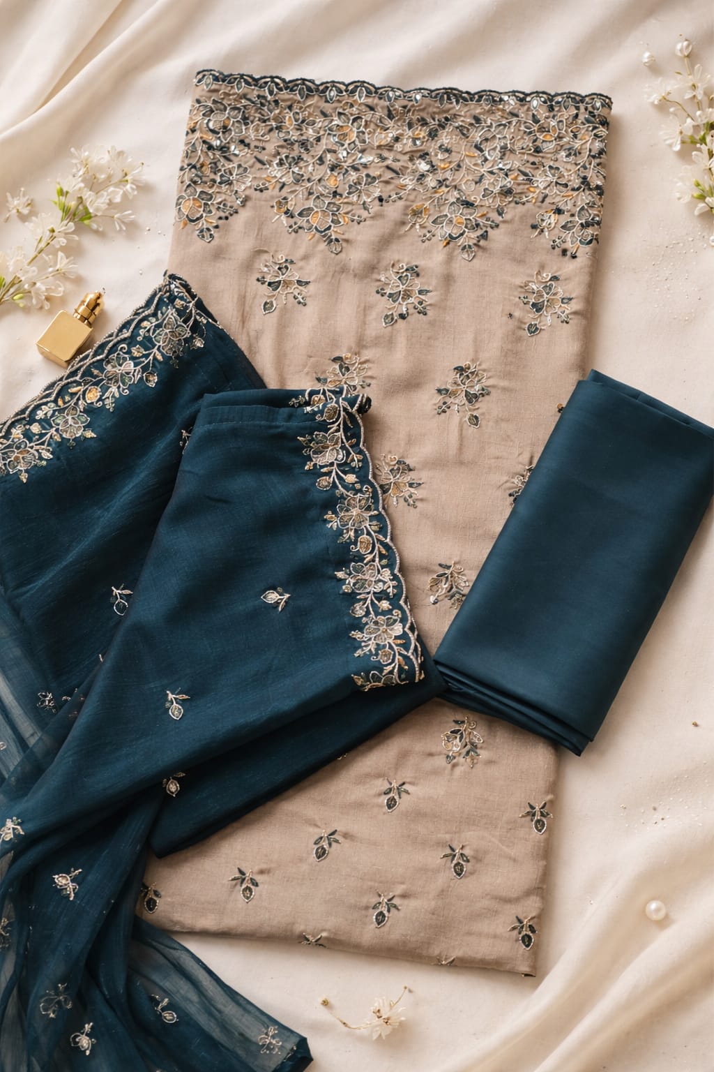 BEIGE PEACOCK SILK EMBROIDERED SUIT