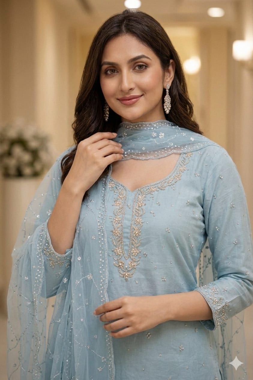 POWDER  BLUE EMBROIDERED SUIT